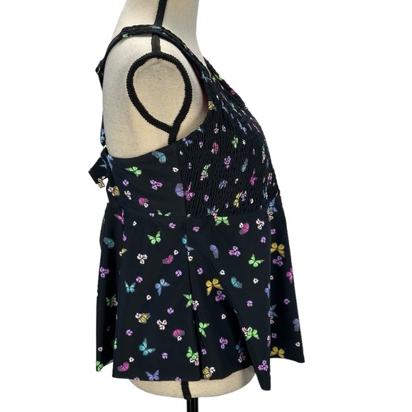 California Waves Smocked Floral Butterfly Print Tankini Top - Black -  2 (20/22) - Picture 2 of 8